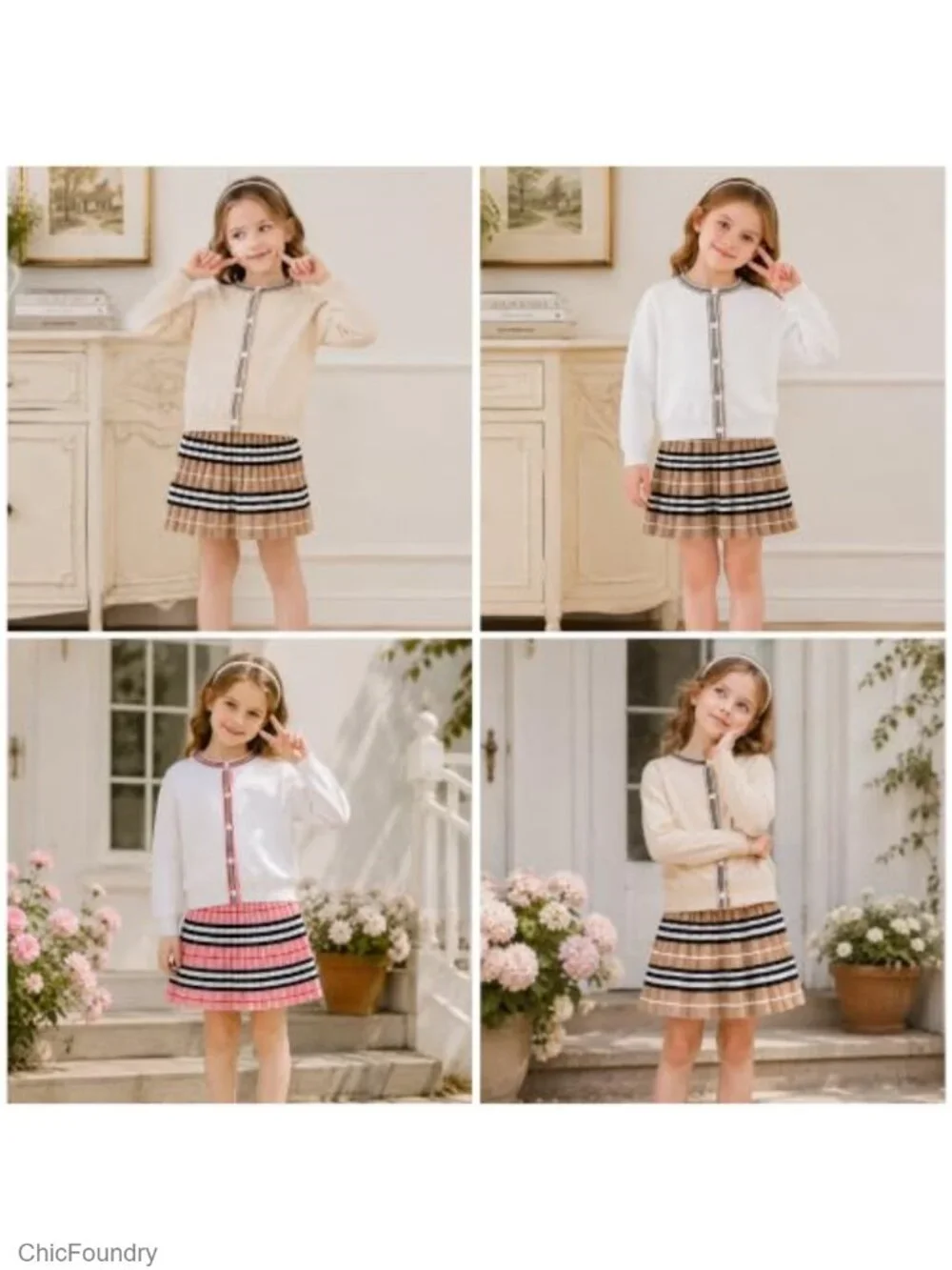 Ribbed Knit Cardigan Skirt Set 2-Piece Girls School Style